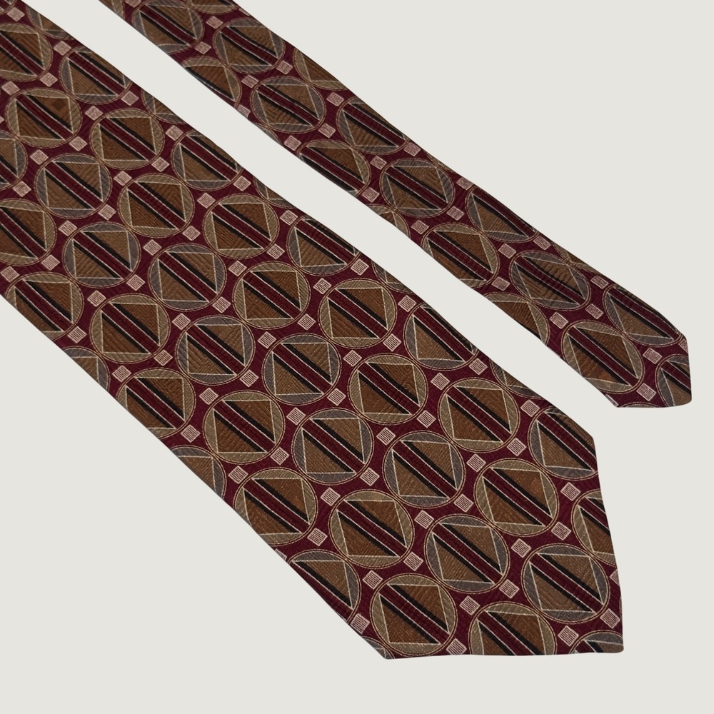 Zylos George Machado Tie Burgundy Brown Geometric Silk Vintage Necktie 55x3.75"